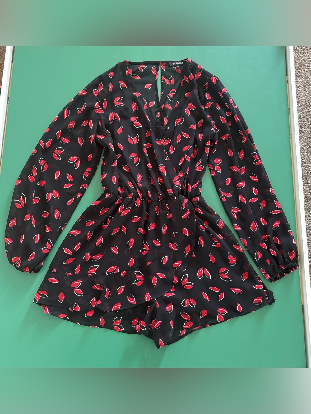Express Women Size XS Black Romper with Red Leaf Motif